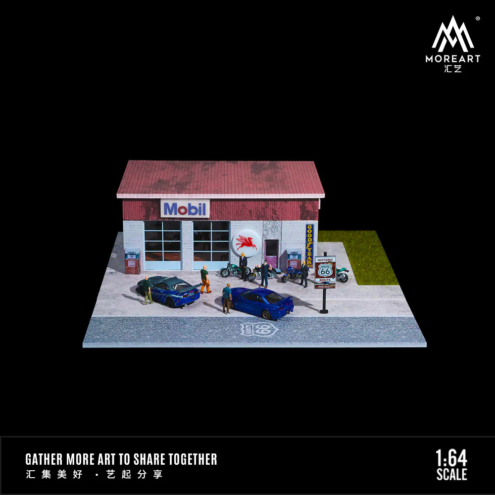 MOREART Route 66 Mobil Gas Station 1:64 Diorama with LED Lighting - Image 3