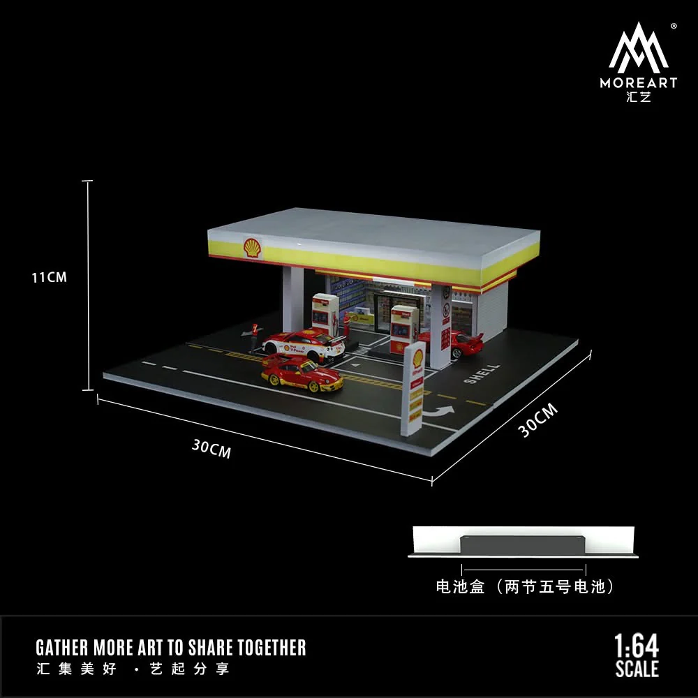 MOREART 1:64 Shell Gas Station Scene Diorama with LED Lighting - Image 3