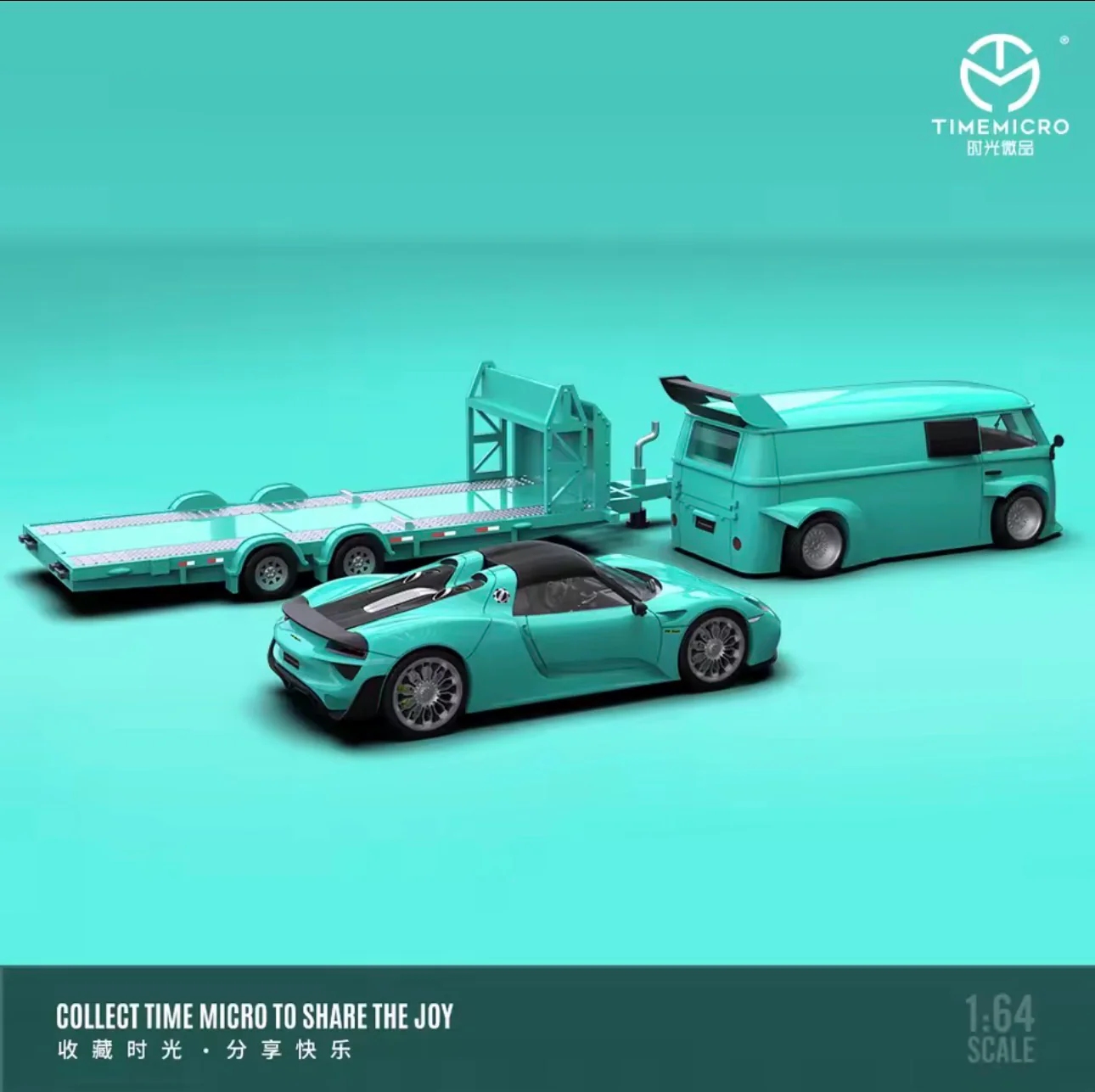 TIME MICRO 1:64 VW T1 & Porsche 918 with Trailer Set Tiffany Blue - Image 2