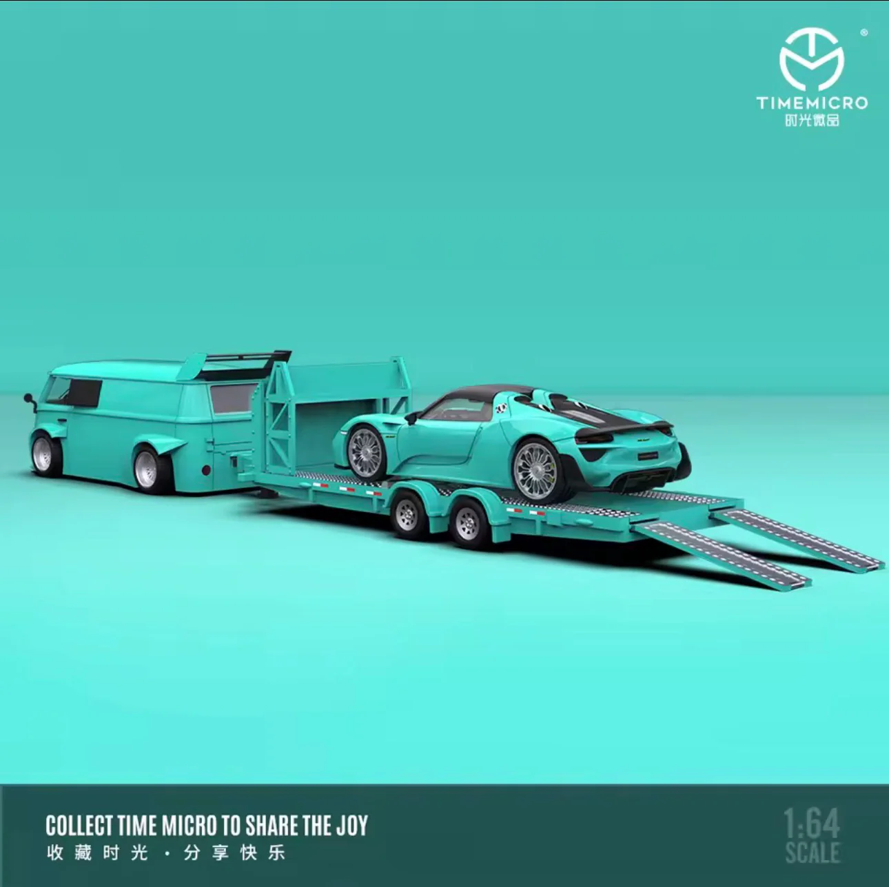TIME MICRO 1:64 VW T1 & Porsche 918 with Trailer Set Tiffany Blue - Image 3